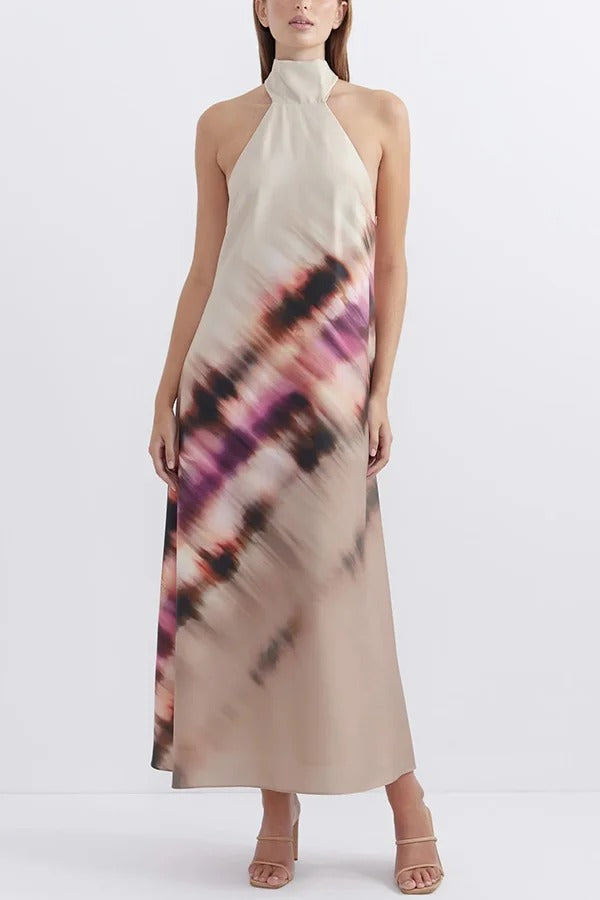 Vestido largo con cuello halter, espalda descubierta y cordones, estampado único