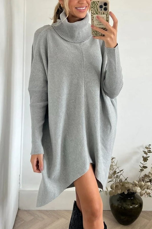 Suéter holgado midi de cuello alto con dobladillo alto y bajo, perfecto para paseos invernales