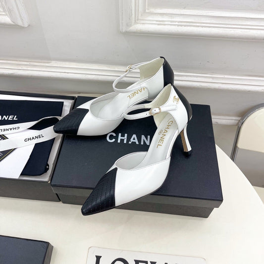 CC 26 SS Double C Slingback 7.5cm Black White Calfskin 586935
