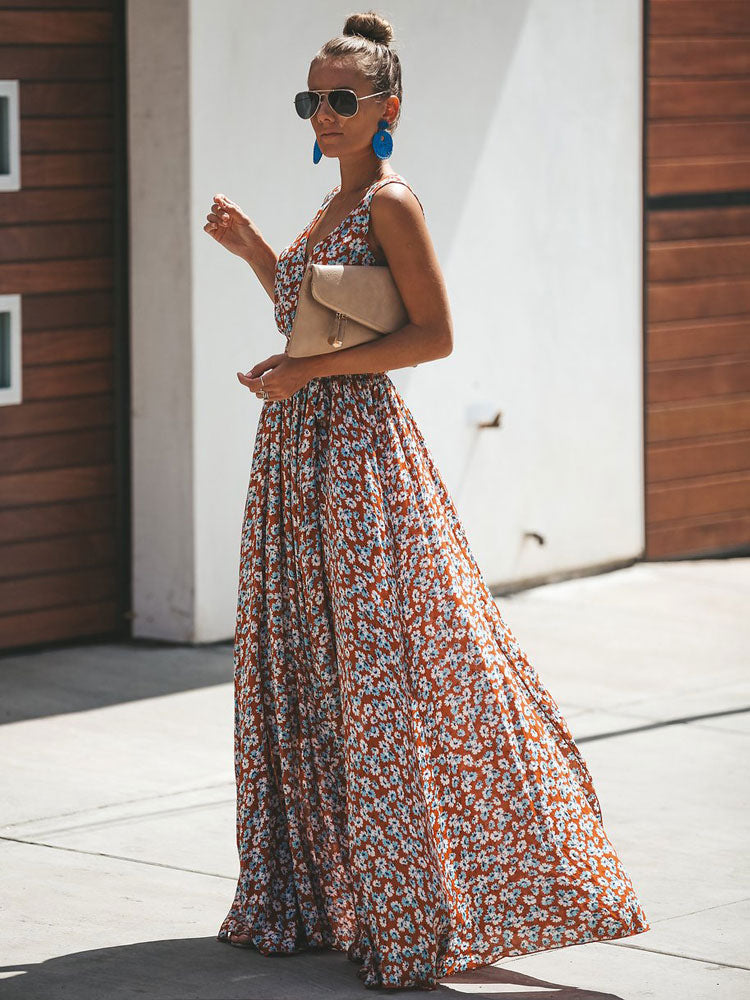 Floral Maxi Dress Sleeveless V Neck Split Summer Dress