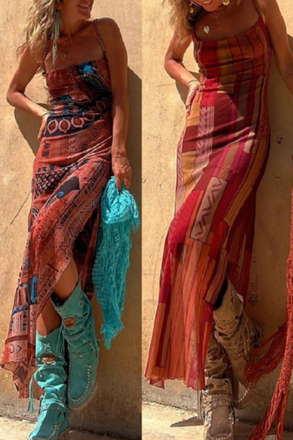 Vestido sexy de malla con tirantes y abertura elástica, estampado sin mangas