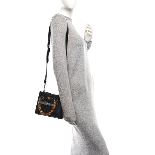 Textured Dollar Calfskin Web Mini Diana Tote Bag Black
