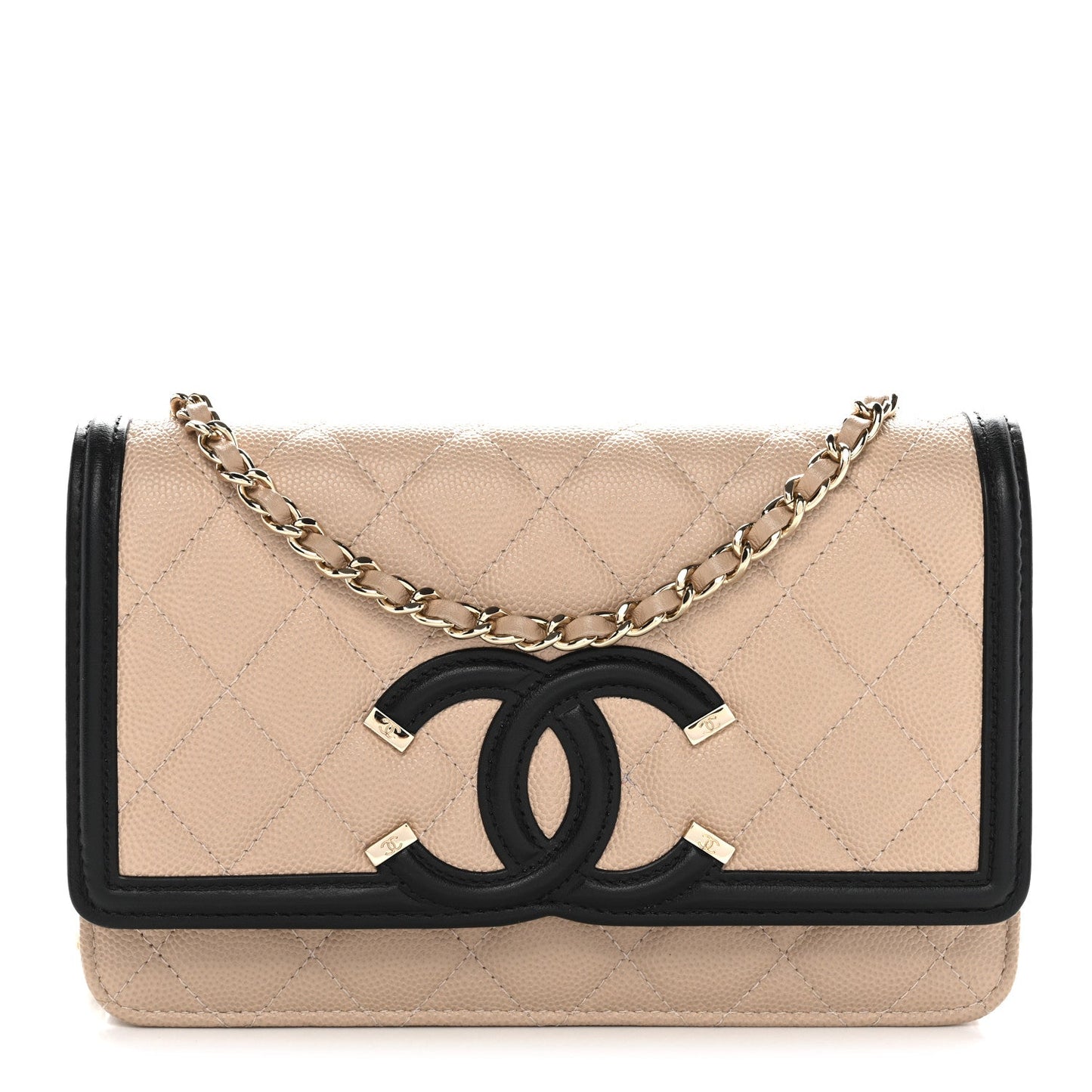 Caviar Quilted CC Filigree Wallet On Chain WOC Beige Black