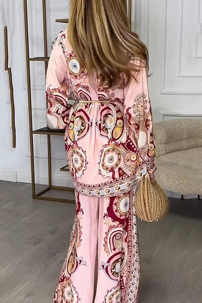 Conjunto de camisa de manga larga con solapa y estampado único con lazo en la cintura y pantalones anchos con bolsillo y cintura elástica