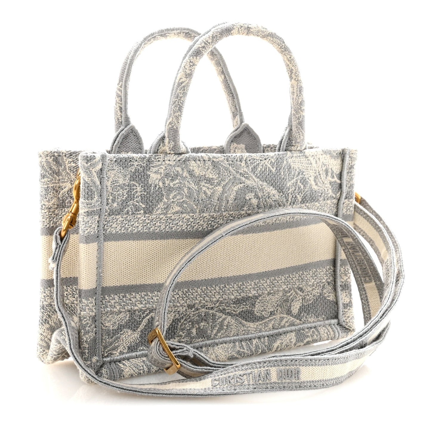 Canvas Embroidered Toile De Jouy Reverse Mini Book Tote With Strap Grey