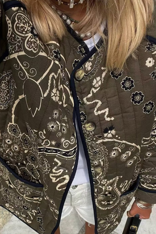 Chaqueta holgada de cuello redondo con bolsillos y estampado retro 