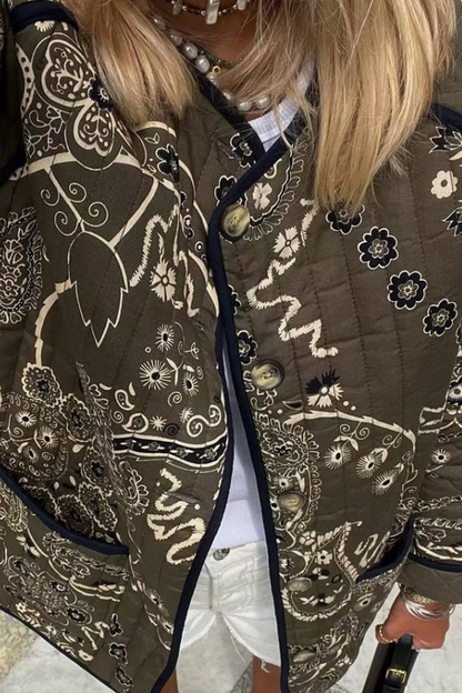 Chaqueta holgada de cuello redondo con bolsillos y estampado retro 