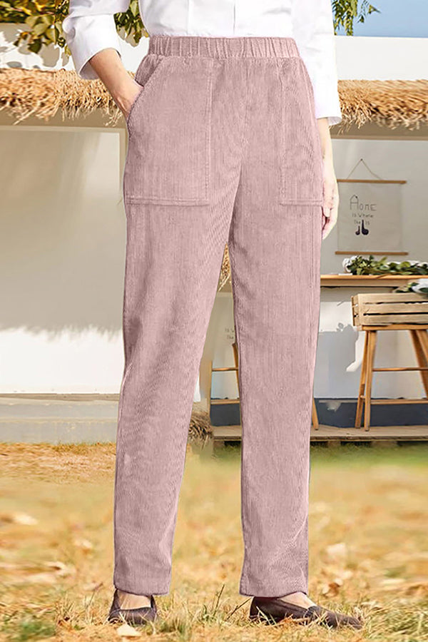 Pantalones casuales rectos a rayas con cintura elástica de color sólido