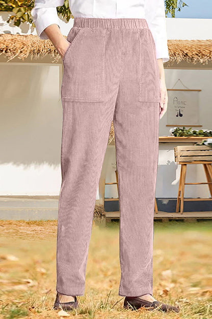 Pantalones casuales rectos a rayas con cintura elástica de color sólido