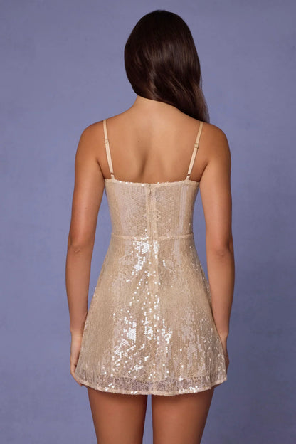 Embellished V-neck Lace Mini Dress in Pale Peach