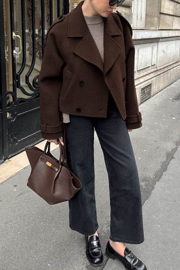 Chaqueta de lana de doble hilera con solapa y temperamento para mujer