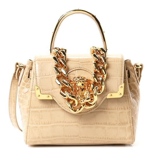Calfskin Crocodile Embossed Small La Medusa Top Handle Bag Beige