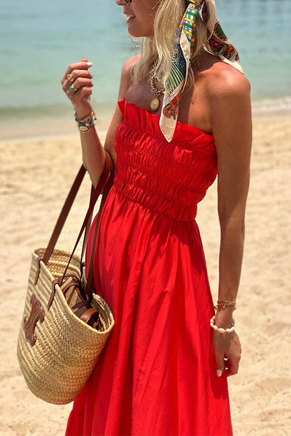 Vestido largo playero bandeau plisado con estampado playero