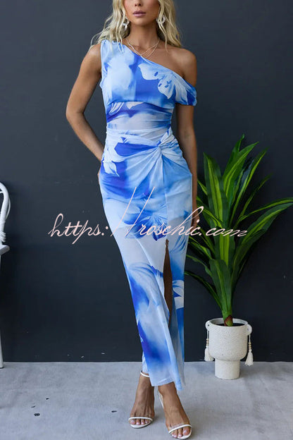 Escala Mesh Overlay Floral Print One Shoulder Cross Detail Slit Stretch Maxi Dress