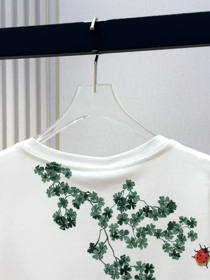CD Fitted T-Shirt White Cotton Jersey with Green Toile de Jouy Clover Motif