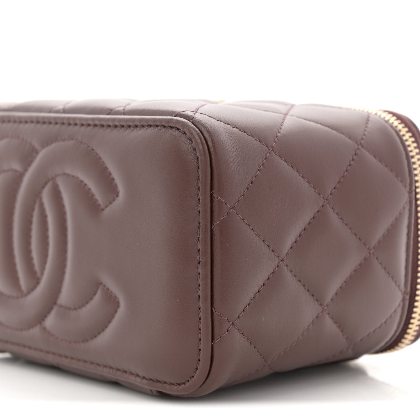 Lambskin Quilted Small Top Handle Vanity Case With Chain Dark Brown