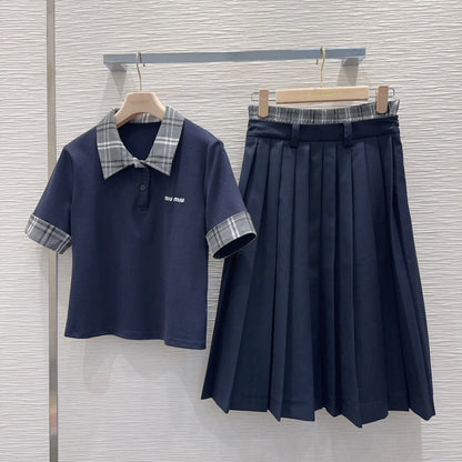 Miu SS26 Set Polo Shirt Pleated Skirt Navy Blue Polyester Cotton 351275