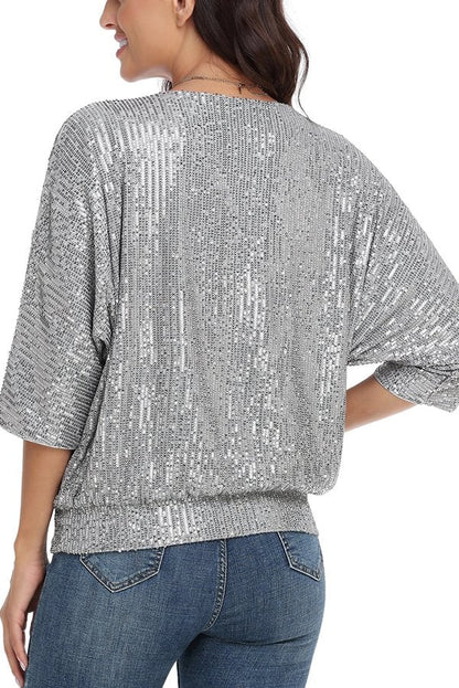 Top casual holgado de cuello redondo con lentejuelas de color liso