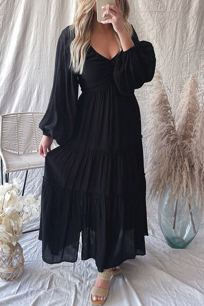 Vestido largo escalonado con volantes, escote en V y lazo