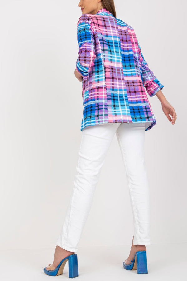 Blazer informal para mujer, chaqueta de traje de oficina con bolsillos y manga larga a cuadros de color y abertura frontal