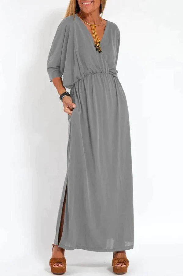Vestido largo con abertura y bolsillos, manga corta y cintura elástica, comodidad suprema