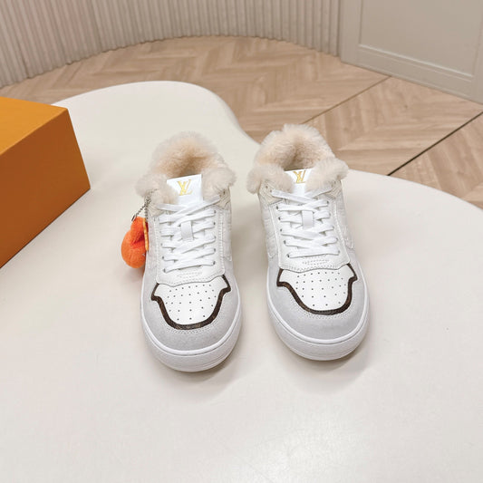 LV Stadium Sneaker White Brown Monogram Canvas Cowhide Wool 595426