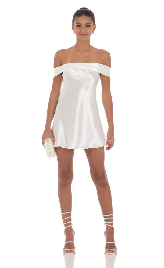 Satin Off Shoulder Dress in White