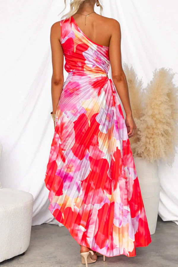Vestido maxi plisado asimétrico sin mangas con un hombro al descubierto