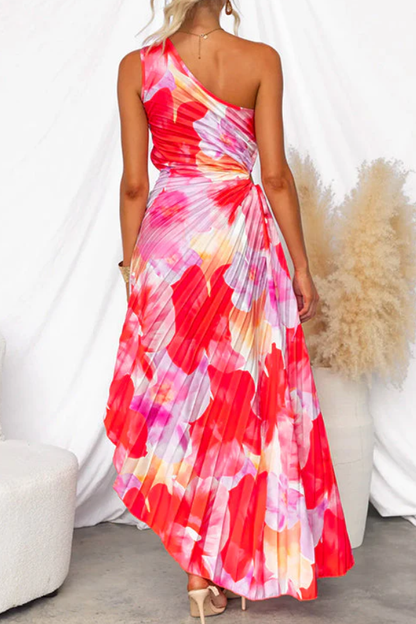 Vestido maxi plisado asimétrico sin mangas con un hombro al descubierto