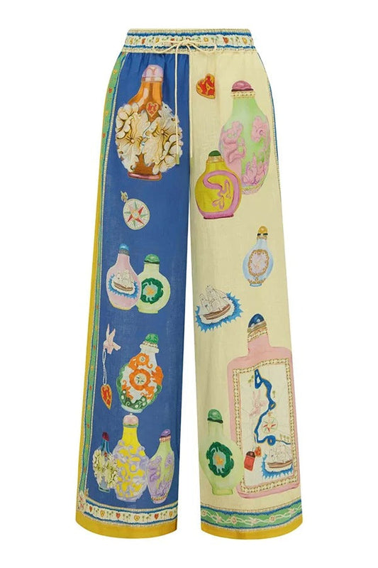 Pantalones anchos con cintura elástica y bolsillo en mezcla de lino con estampado único de Creating Memories