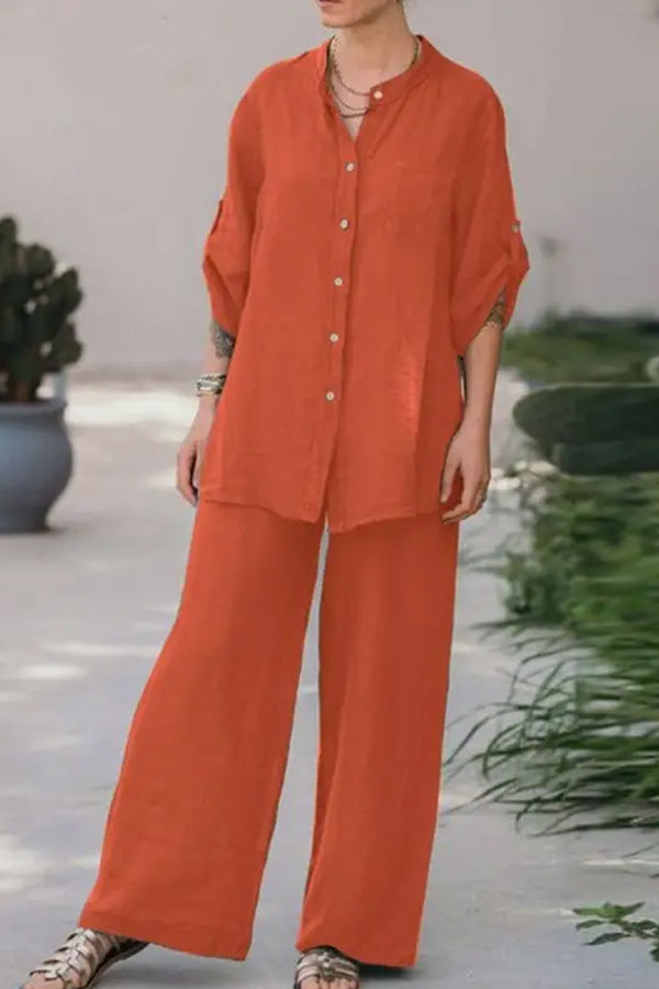 Conjunto de camisa y pantalón de color liso holgado informal