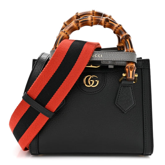 Textured Dollar Calfskin Web Mini Diana Tote Bag Black