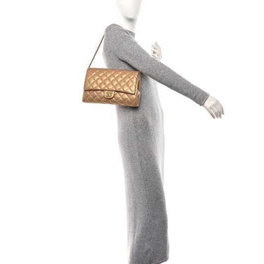 Metallic Caviar Quilted Clutch With Chain Flap Gold
