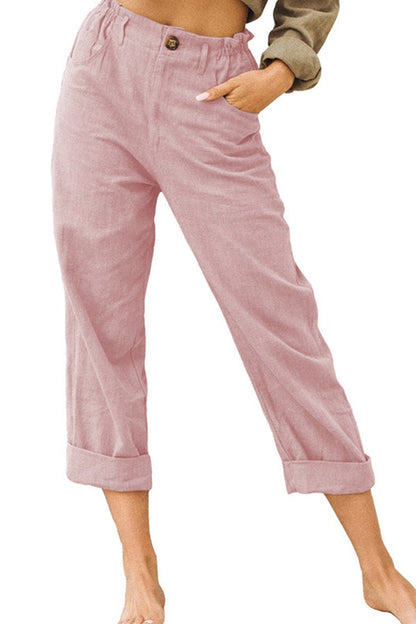Pantalones casuales de cintura alta holgados de moda de algodón y lino de color sólido