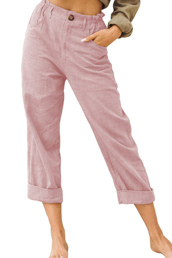 Pantalones casuales de cintura alta holgados de moda de algodón y lino de color sólido
