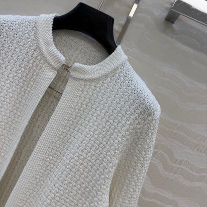 Chanel 26c Rhinestone Buckle Belt Cardigan White Wool 333715
