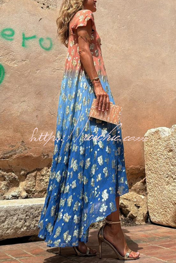 Evaluna Tie Dye Gradient Golden Flower Print Short Sleeve A-line Maxi Dress