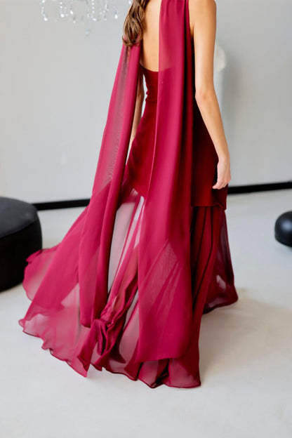 Vestido largo asimétrico de gasa con bufanda Florence 