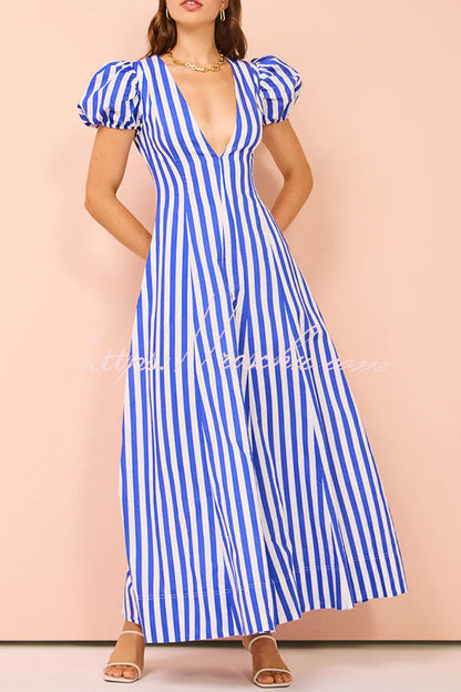 Indulge in Timeless Striped Print Puff Sleeve Pocketed Wavy Maxi Dress