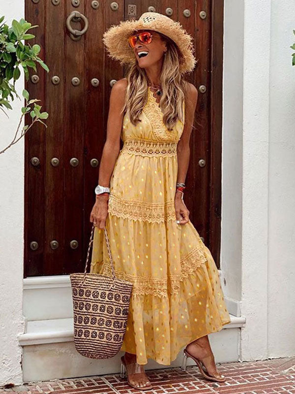 Maxi Dresses Apricot Sleeveless V-Neck Floor Length Summer Dress Boho Dress
