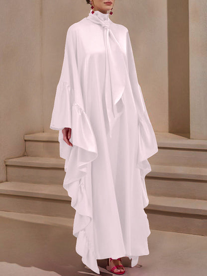 Batwing Sleeves Loose Hollow Pleated Solid Color Split-Joint High Neck Evening Dresses Maxi Dresses