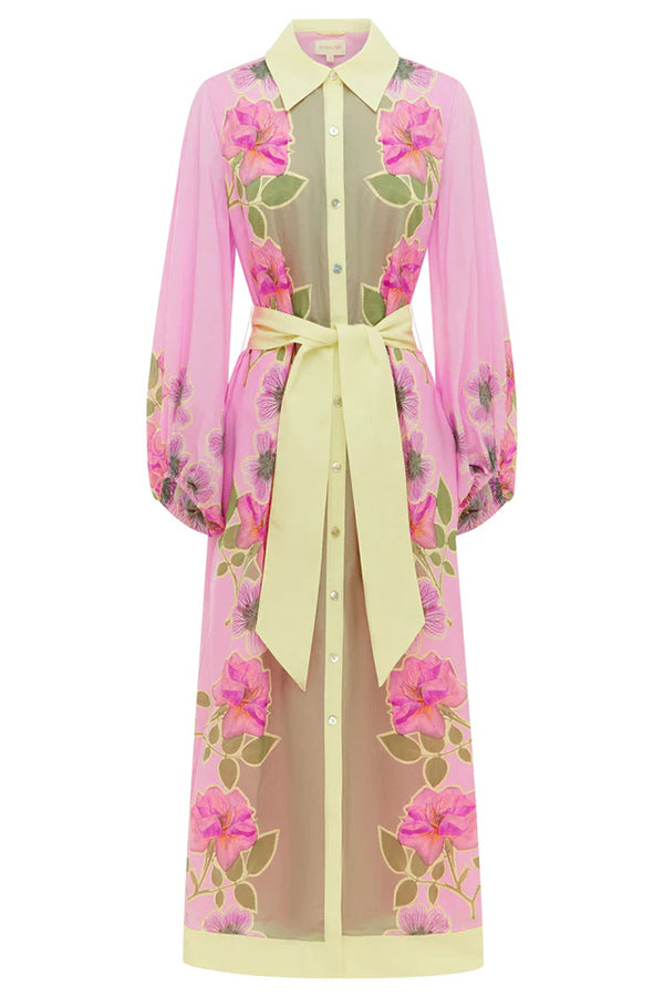 Linen Blend Floral Print Casual Cardigan Lace-up Maxi Dress