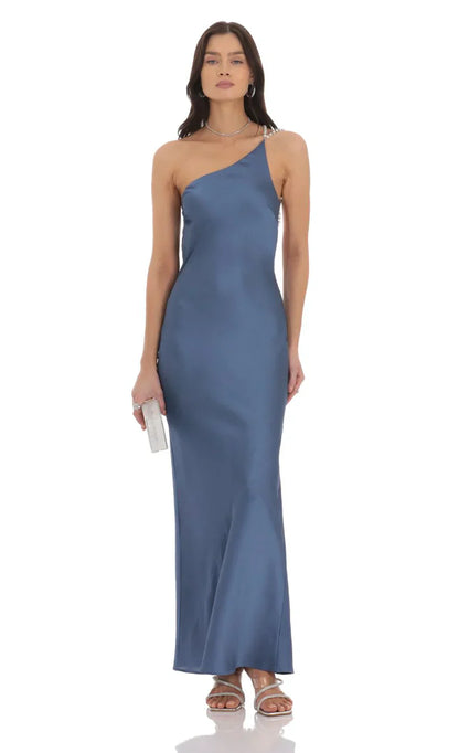 One Shoulder Pearl Satin Maxi Dress in Slate Blue