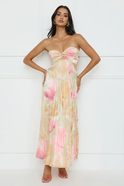 Sea Goddess Strapless Satin Maxi Dress