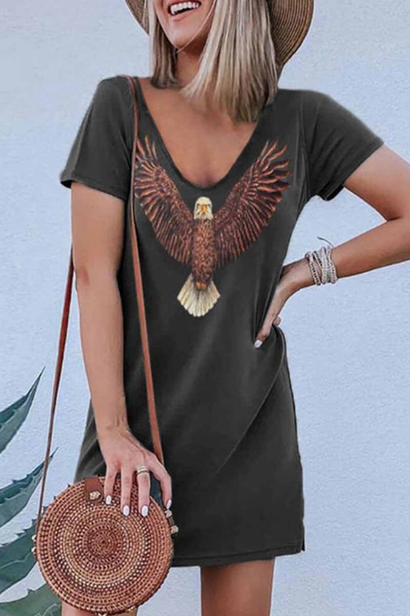 Vestido mini holgado de manga corta con cuello en V y estampado de águila