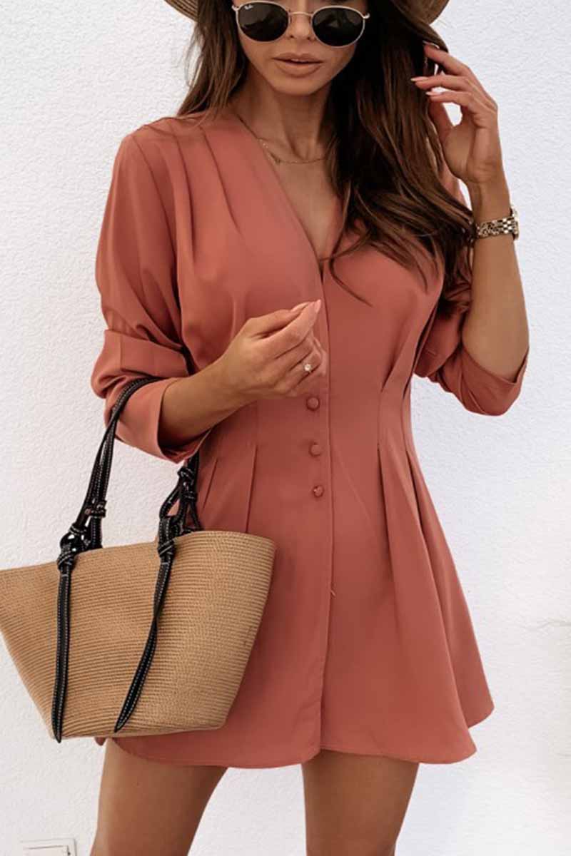 Vestido mini de manga larga con botones y cuello en V