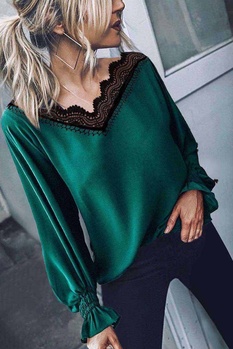 Tops de manga larga con escote en V y encaje