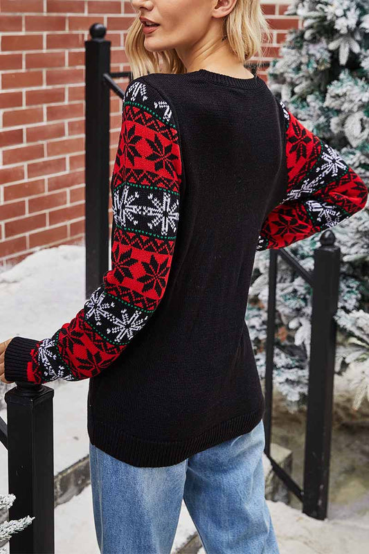 Suéter de punto con cuello redondo y bordado de Papá Noel