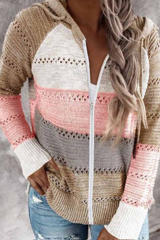 Contrast Color Knitted Zipper Lightweight Hoodie