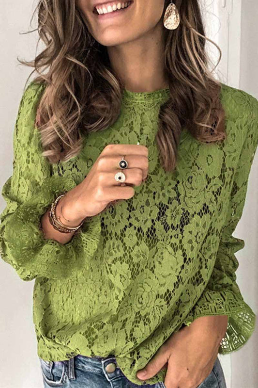 Blusa de encaje calado de manga larga (4 colores)